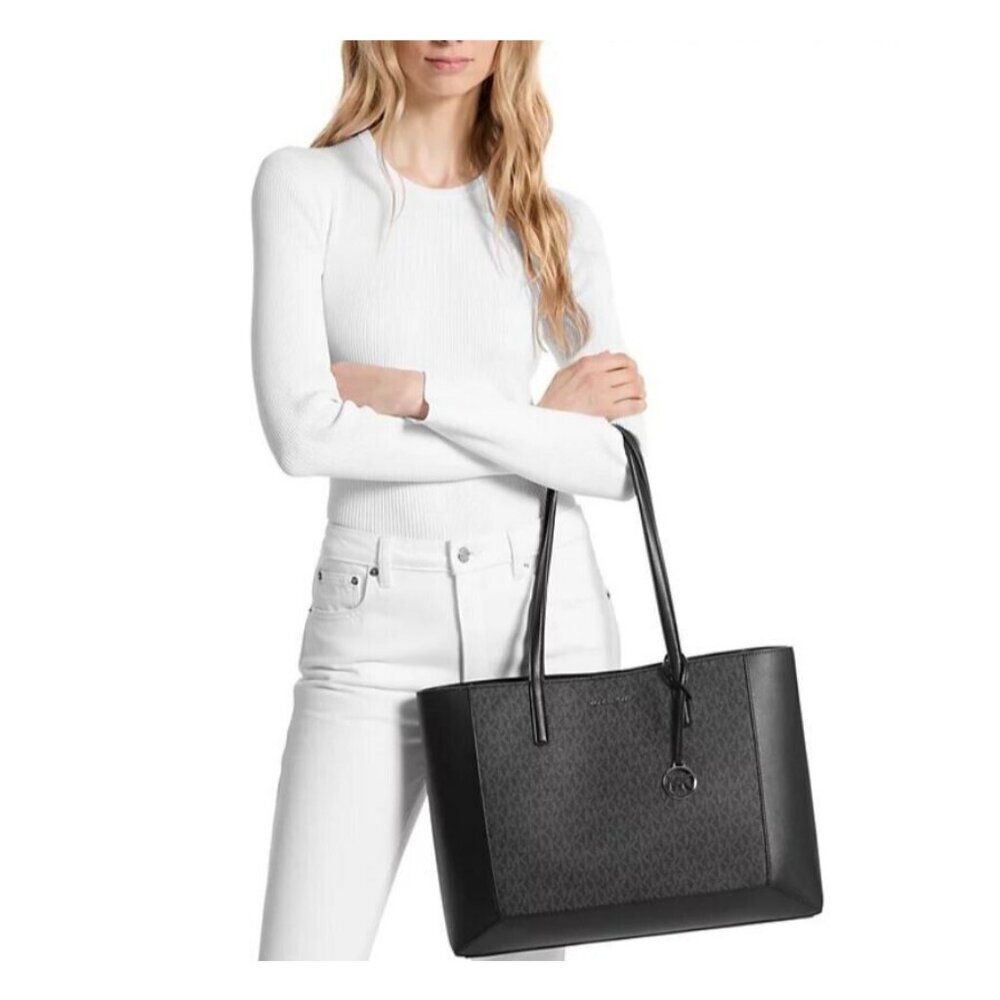 MICHAEL KORS Sallie monogram logo East West women's large tote - Black & Silver - Picture 2 of 11